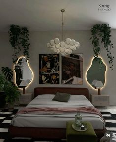 a bed sitting in a bedroom next to two mirrors and plants on the wall above it