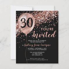 an 80th birthday party card with balloons and confetti on the front, black background