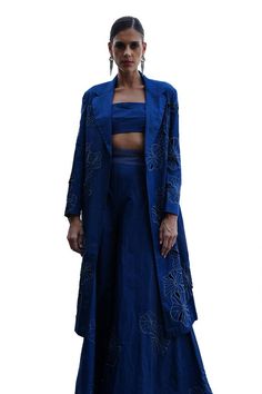 Denim blue trench jacket in modal denim base with floral cutwork embroidery. - Aza Fashions Floral Cutwork, Trouser Pattern, Cutwork Embroidery, Luxury Sale, Trench Jacket, Jacket Pattern, Cut Work, Modern Bride, Colored Denim