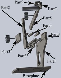 the parts of a metal object with arrows pointing to each other and labeled in black text