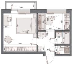 the floor plan for a studio apartment with an attached bathroom and living room, as well as a kitchen