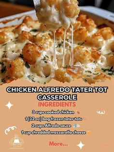 the chicken alfredo tater tot casserole is being lifted with a fork