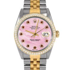 SKU#: 16013-PMOP-RBY-AM-BDS-JBLPre-Owned Rolex 16013 Men's 36mm Datejust Watch, Custom Pink Mother of Pearl Ruby Dial & Custom 1ct Diamond Bezel on Rolex Yellow Gold & Stainless Steel Jubilee Band Model#: 16013 Case: Rolex 36mm Stainless Steel Case Movement: Rolex Automatic 3035 Caliber Dial: Custom Pink Mother of Pearl Dial with Ruby Hour Markers (Not Made by Rolex) Bezel: Custom 1ct Diamond Bezel (Not Made by Rolex) Band: Rolex Yellow Gold & Stainless Steel Jubilee Band This Beautiful Watch Co