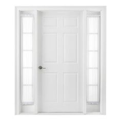 an open white door with blinds on the sides and sidelights in front of it