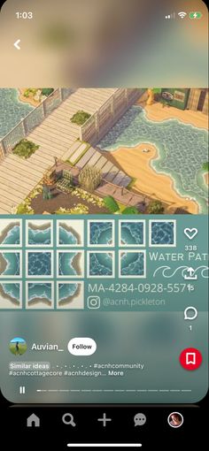 the screenshot shows an image of a house and water features in the game, which is