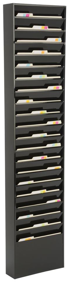 a black shelf with many files on it