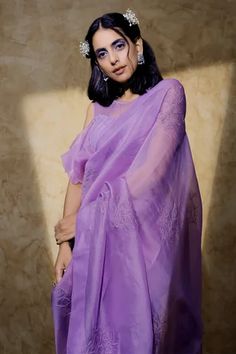 Shop for Shilpi Gupta Purple Organza Embroidered Saree With Frill Detail Blouse for Women Online at Aza Fashions Organza Embroidery, Embroidered Saree, Beaded Neckline, Pattern Embroidery, Blouse For Women, Organza Saree, Purple Glass, Blouse Online, Cut Glass