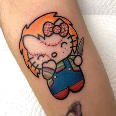 Kitty Tattoo Ideas, Hello Kitty Chucky, Chucky Tattoo, Popular Cartoon Characters, Zombie Tattoos