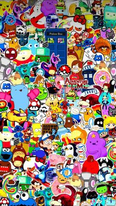 many different cartoon characters are grouped together