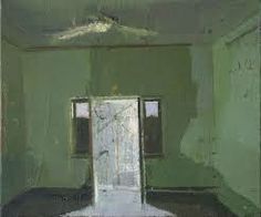 a painting of an open door in a green room