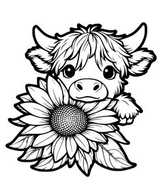 a black and white drawing of a cow with a flower in it's mouth