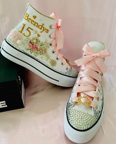 Custom Converse shoes. Custom make for your quinceanera. Shoes are 100% original. We used the finest material to make every detail as beautiful as possible. We use flowers and lace details, rhinestones, paint, to have a unique finish on your shoes. feel free to write a message and tell me the color you need to make the perfect match with your dress dress our processing is 4 weeks Cool Painted Shoes, Quinceañera Shoes, Diy Galaxy Shoes, Quince Shoes, Converse Shoes Custom, Sharpie Shoes, Custom Converse Shoes, Quinceanera Shoes, Princess Vintage