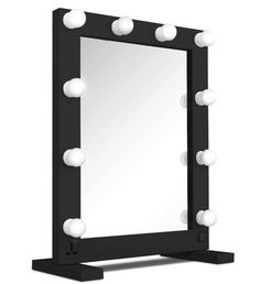 a black vanity mirror with lights on it