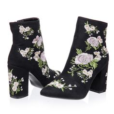 Floral Embroidered Black Suede Pointed Toe Ankle Boots on Luulla Fall Embroidered High Heel Boots, Embroidered High Heel Boots For Spring, Spring High Heel Boots With Floral Embroidery, Black Boots With Floral Embroidery For Fall, Black Floral Embroidery Boots For Fall, Floral Embroidered Boots For Spring Party, Spring Party Boots With Floral Embroidery, Floral Embroidered Party Boots For Spring, Black High Heel Ankle Boots