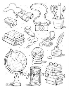 an ink drawing of books and other items