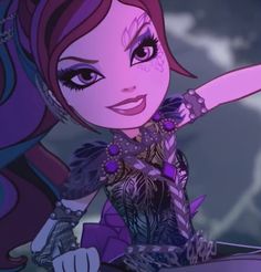 a cartoon character with long hair and purple eyes pointing to something in the distance while holding her arm out