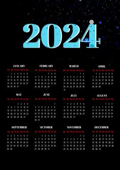 a calendar for the new year on a black background with space and stars in the sky