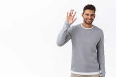 Friendly modest handsome bearded man in grey sweater saying hi with hesitation lifting one palm, waving hand in hello, greeting gesture, smiling cute, standing white background, meet new people Waving Hand, Handsome Bearded Men, Saying Hi, Hello Greeting, Bearded Man, Meet New People, Man Standing, Meeting New People, New People