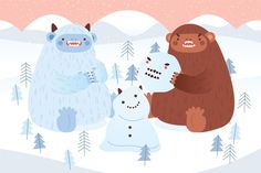 two bears and a snowman standing in the snow