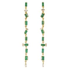 These beautiful earrings are handcrafted in 18K gold. It is set in 2.31 carats emerald and .32 carats of sparkling diamonds. FOLLOW MEGHNA JEWELS storefront to view the latest collection & exclusive pieces. Meghna Jewels is proudly rated as a Top Seller on 1stDibs with 5 star customer reviews. All items manufactured by us are handmade and can be customized or redesigned. Composition Size-66X5 MM Total Weight-4.68 Gold Weight(Gms)-4.154 Diamond Wt(Cts)-0.32 Emerald Wt(Cts)-2.31 Emerald Yellow Gold Diamond Earrings Fine Jewelry, Emerald Yellow Gold Diamond Earrings, Fine Jewelry Baguette Cut Emerald Earrings, Long Duster, Lovely Jewellery, Top Seller, Emerald Diamond, Ear Jewelry, Sparkle Diamonds