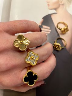 Take a risk and stand out with our Clover Ring! Crafted with a unique clover shape, this goldfield and zirconia ring exudes boldness and adds a touch of adventure to any outfit. Make a statement and embrace your daring side with this stunning piece. Carrie Necklace, Wrist Stack, Van Cleef And Arpels Jewelry, Clover Ring, Zirconia Rings, Van Cleef And Arpels, Heart Hoop Earrings, Jewelry Accessories Ideas, Clover Necklace