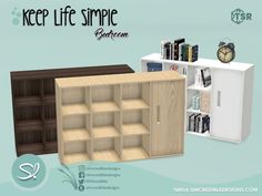 two bookshelves and a cabinet are shown with the words keep life simple