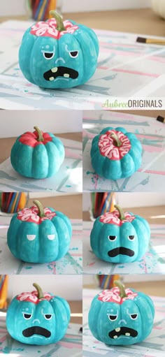 several pictures of blue pumpkins with faces painted on them and one has an angry expression