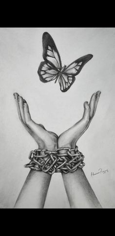 two hands with chains and a butterfly above them