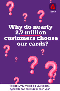 a purple background with question marks and the words, why do nearly 2 7 million customers choose our cards?