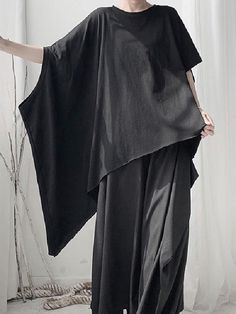 Black Loose Cropped Asymmetric T-shirt Tops - rrdeye Asymmetric Top, Shirt Dress Summer, Solid Sweaters, Loose Knit, Oversized Top, Loose Dress, Batwing Sleeve, One Piece Swimwear, Kimonos