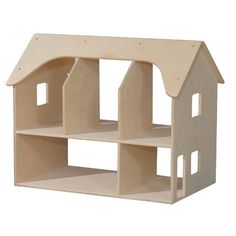 a wooden toy house with three levels