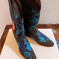 Nwt. Brown With Gorgeous Designs All Over. Leather. Blue Snip Toe Boots With Reinforced Heel, Blue Fitted Snip Toe Boots, Fitted Blue Snip Toe Boots, Western Style Blue Boots With Square Toe, Blue Snip Toe Boots For Fall, Blue Boots With Snip Toe For Fall, Blue Fall Boots With Snip Toe, Blue Almond Toe Boots, Blue Western Boots With Round Toe