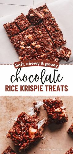 chocolate rice krispie treats are stacked on top of each other, with the title above it