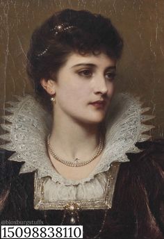 a painting of a woman wearing a white collar and pearls on her head, in an ornate dress