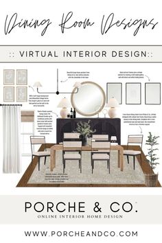 a living room and dining room design board with text describing the different types of furniture