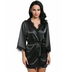 Women's Casual Night Robe With Beautiful Lace - Zorket Elegant Black Long Sleeve Sleepwear, Black Satin Long Sleeve Sleepwear, Black Stretch V-neck Sleepwear, Black V-neck Stretch Sleepwear, Fitted Long Sleeve Satin Sleepwear, Fitted Black Long Sleeve Sleepwear, Black Fitted V-neck Sleepwear, Black V-neck Fitted Sleepwear, Black Stretch Sleepwear