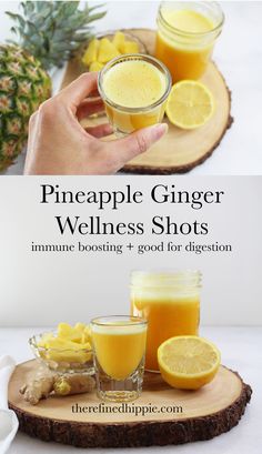 the pineapple ginger wellness shots recipe is shown on a cutting board with lemons and ginger