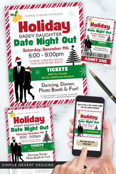 Make your winter holiday season extra special with this one-of-a-kind fundraiser idea for schools, churches, and community charity events! The bundle features beautiful red and green-themed graphics, perfect for your Christmas Daddy Daughter date night or dance event. Includes Flyers in 3 sizes, ticket template, and social media templates that'll bring a festive sparkle to your occasion! Christmas Fundraiser, Dance Themes, Christmas Craft Fair, Dance Event, Event Template