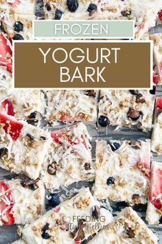 frozen yogurt bark with blueberries and strawberries on top is shown in the foreground