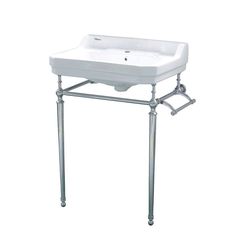 a white sink sitting on top of a metal stand