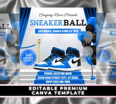 a blue and black sneaker ball flyer with balloons