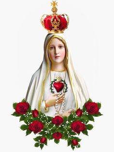 the virgin mary is surrounded by roses and greenery