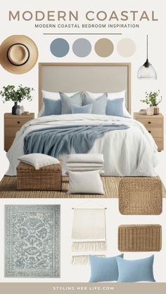 a bedroom with blue and white colors in the bedding, pillows, rugs and lamps