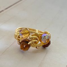 Hammered Wire Ring, Gold Handmade Crystal Open Ring, Handmade Gold Crystal Open Ring, Handmade Gold Crystal Ring As Gift, Handmade Gold Crystal Ring For Gift, Adjustable Gold Stackable Rings With Wire Wrapping, Adjustable Gold Wire Wrapped Stackable Rings, Adjustable Gold Stackable Wire Wrapped Rings, Gold Wire Wrapped Rings For Gifts