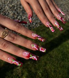 Pretty Flower Nails, Red Nails Acrylic Summer, Orchid Flower Nails, Red And White Flower Nails, Red Summer Acrylic Nails, Rose Acrylic Nails Design, Unquie Nails, Red Nails With Roses, Red 3d Flower Nails