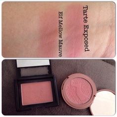 "Mellow Mauve" ($3.00 at target or eyeslipsface.com) is a perfect dupe for Tarte "Exposed" ($25.00 at Sephora) Makeup Duplicates, Essence Blush, Tarte Amazonian Clay Blush, Blush Swatches, Blush Natural, Elf Products, Mauve Blush, Pinterest Makeup