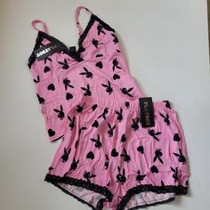 Playboy Bunny Print Lace Trim 2 Piece Pajama Set Brand New Size Small Cotton V-neck Sleepover Set, Cute V-neck Sleepwear For Loungewear, Cute Fitted Loungewear Sleepwear, Cute Fitted Sleepwear For Loungewear, Pink V-neck Pajama Party Set, Pink V-neck Sets For Pajama Party, Playboy Bunny, Bunny Print, Shopping Spree