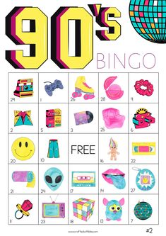 a poster with the words 90's bingo written in different colors and symbols on it