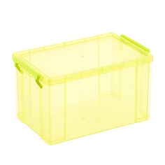 a plastic storage box with yellow handles and lid on a white backgrounnd