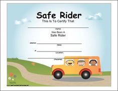 a certificate for a child's safety ride is shown with an image of a school bus